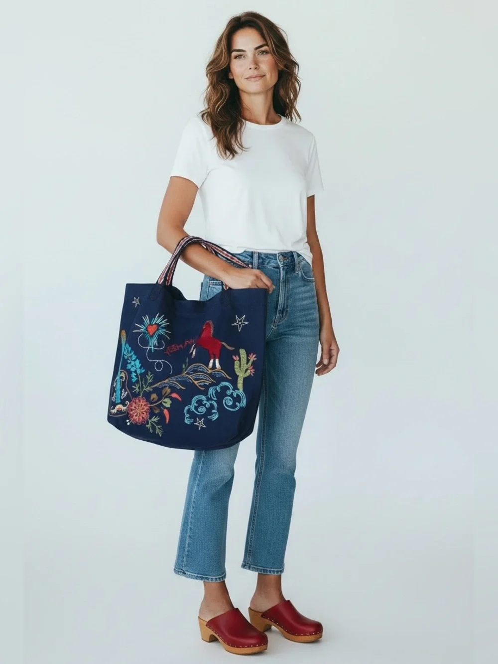Johnny Was Texas Navy Embroidered Canvas Tote with Multicolor Floral Motif